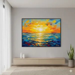 A detail shot of an abstract landscape canvas, showing it as a piece of large colorful wall art with warm and cool tones.