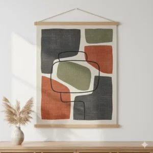 An abstract textile design representing modern fabric wall art with minimalist geometric shapes.