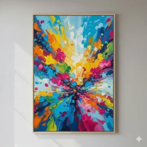 Close-up geometric abstract print showing vibrant wall art colorful shapes in blue, yellow, and red.