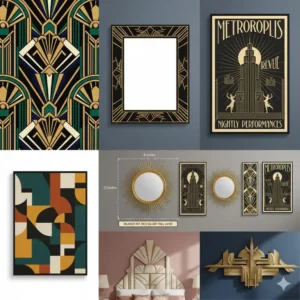 Close-up illustration showcasing classic Art Deco geometric patterns and motifs, perfect for inspiring wall art deco designs.
