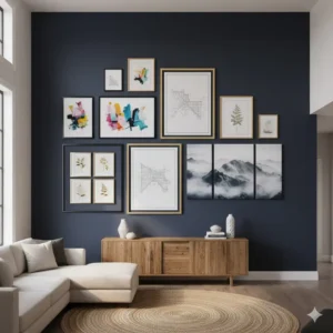 A vibrant large gallery wall created using four cohesive art print sets in a living room, demonstrating diverse sizing and arrangement options for your space. (Illustration 1)