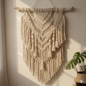 Intricate boho-style macrame handmade wall decor handcrafted with natural cotton rope and driftwood.