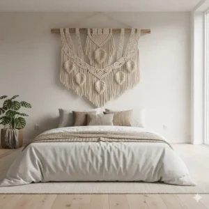 Hand-woven bohemian style large cloth wall hangings made of natural cotton rope hanging in a cozy bedroom.