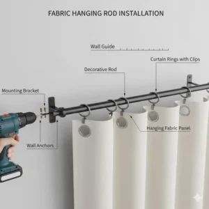 Diagram illustrating the proper installation of a decorative rod for hanging fabric curtains or drapery.