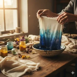 Close-up shot of a hand dipping a natural fabric swatch into a dye bath, illustrating the textile dyeing process used to create unique cloth hanging art.