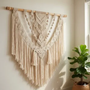 Hand-knotted macrame textile hanging art with intricate boho fringe details.