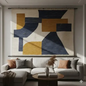 Oversized fabric wall decor positioned over a three-seater sofa, demonstrating the dramatic scale and impact of the large cloth wall art in a contemporary space.