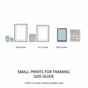 A detailed size guide chart illustrating different dimensions for small prints for framing.
