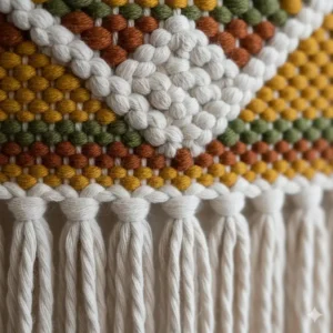 Detailed close-up of a woven cotton fabric tapestry wall hanging, highlighting the artisanal knot and natural fiber texture.