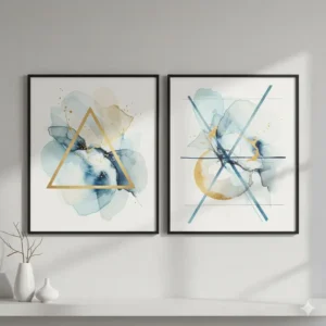 Close-up of a modern abstract art print sets featuring two geometric prints with soft blue and gold tones, perfect for contemporary decor. (Illustration 2)