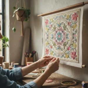 Detailed image showing intricate hand embroidery stitches being applied to a piece of stretched, hanging canvas, a common technique in decorative fabric wall cloth hanging art.