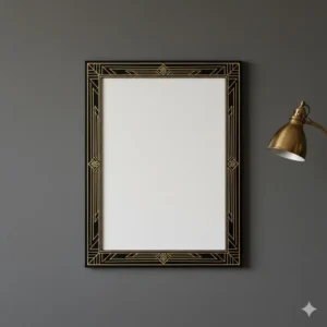 A stylish, empty rectangular picture frame with a distinctive black and gold wall art deco border, ready to display a poster or canvas.