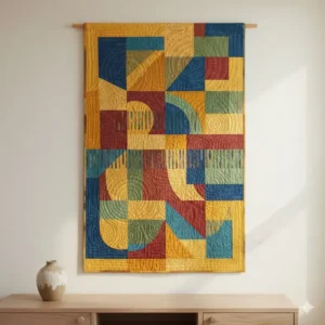 Contemporary quilted textile hanging art with colorful patchwork and decorative stitching.