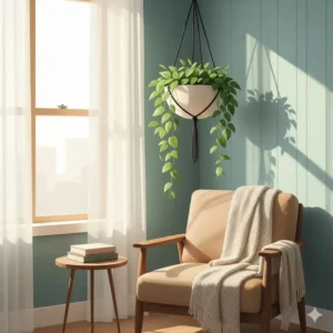 Illustration of a cozy reading nook with a ceramic hanging modern planter suspended near a window.