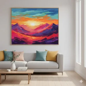 Beautiful stylized sunset landscape canvas used as wall art colorful home decor.