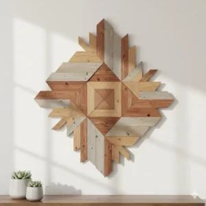 Rustic geometric wall art handmade wall decor from reclaimed wood pieces in various natural stains.