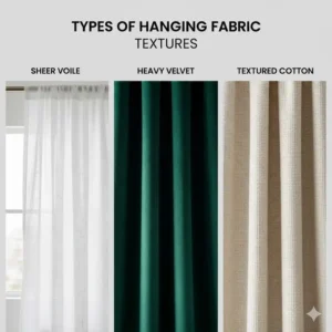 Montage showcasing three popular types of hanging fabric: sheer voile, heavy velvet, and textured cotton.