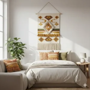 Large fabric tapestry wall hanging used decoratively above a bed as a soft, stylish headboard alternative.