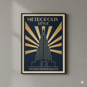 Digital rendering of a sophisticated 1920s-style poster design featuring sleek typography and symmetric lines, ideal for a piece of wall art deco.