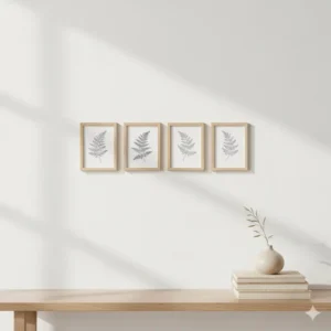 Two minimalist botanical art print sets framed in light wood, depicting simple fern illustrations to enhance a natural, calming aesthetic. (Illustration 3)