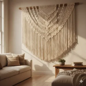 A woven, fringed macrame wall hanging in an off-white cotton blend, representing the popular bohemian style of cloth hanging art for a relaxed interior.