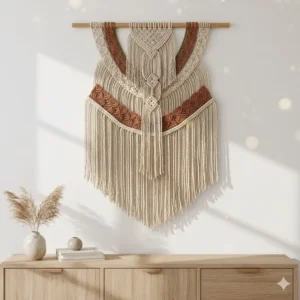 Bohemian style modern fabric wall art featuring woven cotton and neutral earth tones.