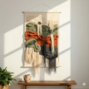 Abstract fiber textile hanging art using 3D textures and natural wool roving.