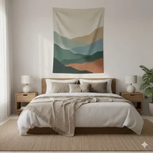 A serene master bedroom featuring a canvas cloth art piece centered above the headboard, providing a soft, artistic focal point for the room using large cloth wall art.