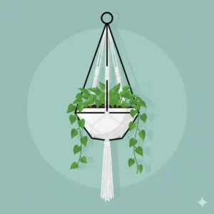 A stylish illustration of a white mid-century hanging modern planter with a sleek cotton cord.