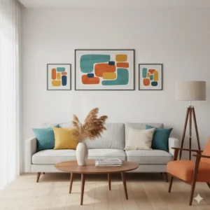 Set of three framed prints in a mid-century living room, showcasing wall art colorful style.
