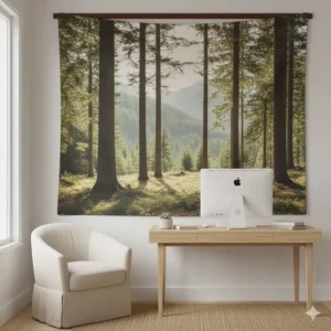 A scenic nature landscape printed on large cloth wall hangings used as a focal point in a home office design.