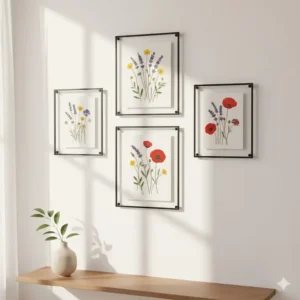 Minimalist glass frames containing handmade wall decor made from real pressed wildflowers.