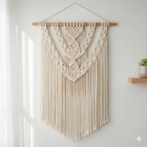 Handmade macrame fabric tapestry wall hanging featuring intricate geometric knot patterns, ideal for a minimalist wall decoration.