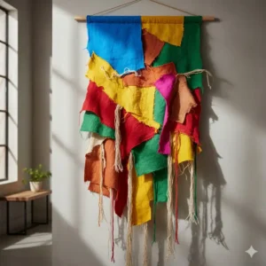 An abstract textile tapestry made from multiple overlapping, brightly colored pieces of fabric and fibers, forming a dynamic piece of abstract cloth hanging art.