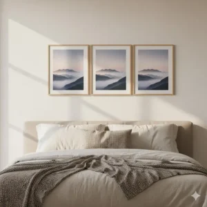 A soothing set of 3 art print sets with landscape photography displayed horizontally above a bed in a master bedroom for a tranquil focal point. (Illustration 4)