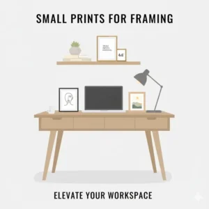 A minimalist office desk setup decorated with elegant small prints for framing.