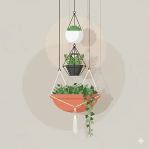 Illustration showing a tiered arrangement of three hanging modern planter units at different heights.