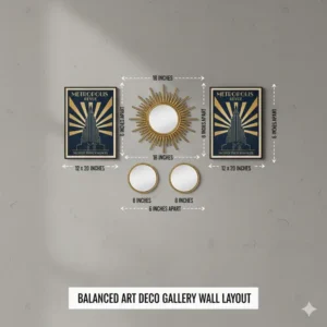 Diagram illustrating a balanced gallery wall layout using three distinct pieces of wall art deco, showing proper spacing and alignment.