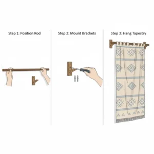 A step-by-step illustration showing how to properly hang and secure large cloth wall hangings on a gallery wall.