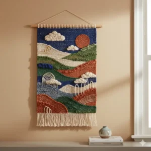 Hand-woven tapestry textile hanging art created on a loom with thick yarn.