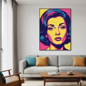 Bold graphic pop art portrait in bright pink and blue is the perfect example of wall art colorful decoration.