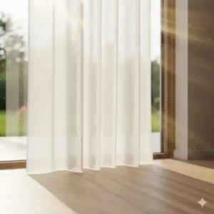 Photograph capturing the effect of sunlight filtering through sheer white hanging fabric, creating a soft, ethereal glow.