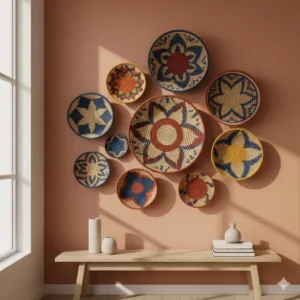 A curated gallery wall of colorful hand-woven African baskets used as unique handmade wall decor.