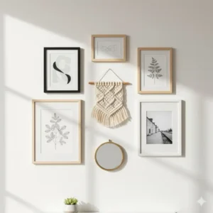 Small fabric tapestry wall hanging incorporated into a gallery wall arrangement, adding an element of soft, woven textile art.
