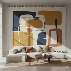 A wide-angle view of an abstract design on the wall mural, showcasing the full effect and unique size of the large cloth wall art.