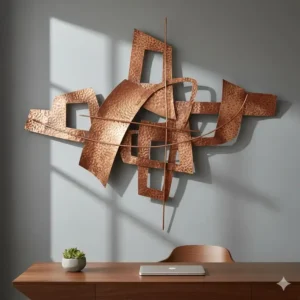 Hand-hammered copper wall sculpture providing a metallic accent as handmade wall decor in a modern home office.