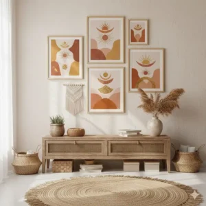 An eclectic mix of three art print sets featuring sun motifs and earthy colors, styled in a bohemian interior setting with woven textures. (Illustration 5)