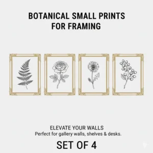 A curated set of botanical themed artwork designed as small prints for framing.