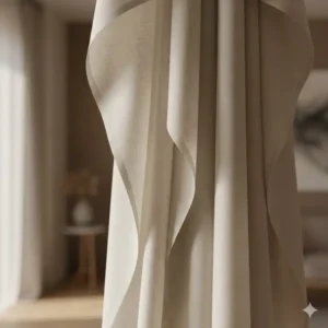 Interior design shot of a cozy bedroom featuring a lightweight, white hanging fabric canopy over the bed.