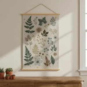 Botanical themed textile hanging art printed on natural linen fabric.